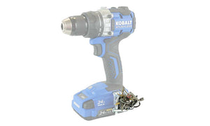 Blue and black Kobalt drill with screws and bits attached to the Second Set magnet, showcasing secure and organized hardware storage.