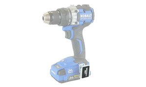 Blue and black Kobalt drill with Second Set magnet securely attached to the belt hook using 3M adhesive, ideal for hardware organization.