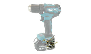 Blue and black Makita drill with screws and bits attached to the Second Set magnet, providing secure and organized hardware storage