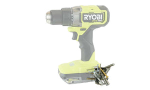 Green and black Ryobi drill with screws and bits attached to the Second Set magnet, demonstrating efficient hardware storage and accessibility.