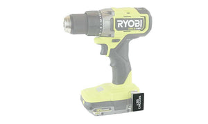 Green and black Ryobi drill with Second Set magnet securely attached to the belt hook using 3M adhesive, enhancing tool functionality.