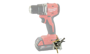 A red and black Milwaukee M18 drill featuring a Second Set Magnet on its belt hook, securely holding a variety of screws and hardware, highlighting the magnet's strength and compatibility with professional-grade tools.